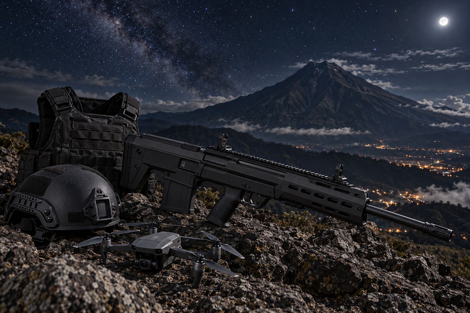 Escopeta, chaleco, casco y dron frente al volcán Tungurahua de noche