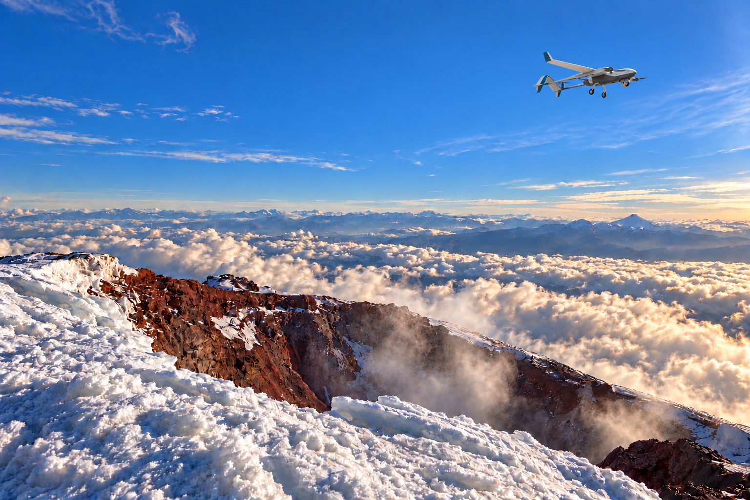 Avión no tripulado sobrevolando el cráter de un volcán nevado